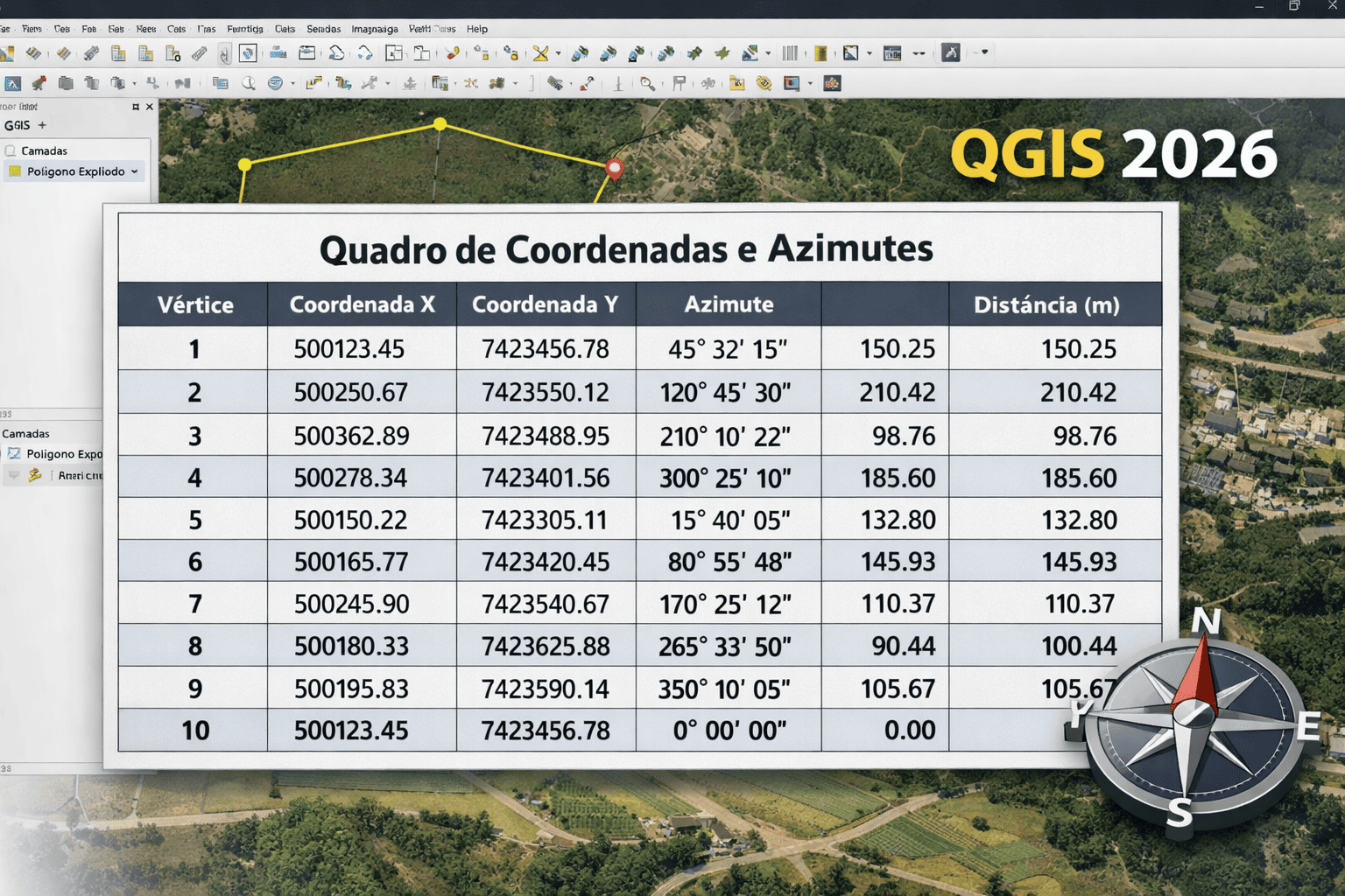 Tela do QGIS 2026 exibindo quadro de coordenadas com vértices, azimutes e distâncias calculados