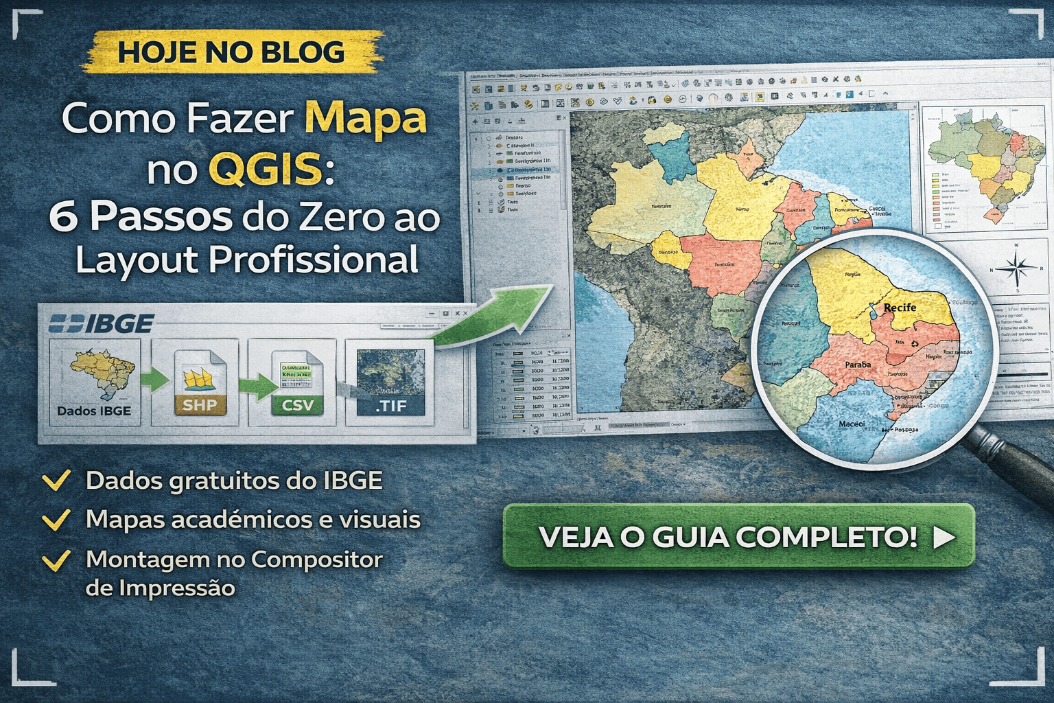Mapa profissional criado no QGIS com compositor de impressão, legenda, escala e grade de coordenadas SIRGAS 2000