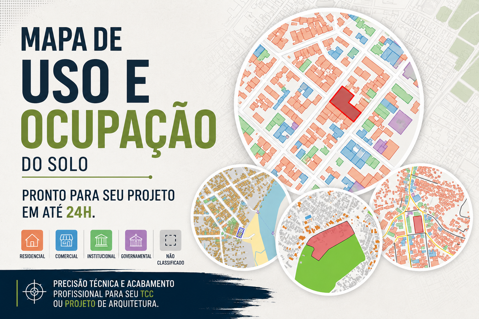 Mapa de uso e ocupação do solo para TCC de arquitetura e urbanismo com legenda de atividades por quadra