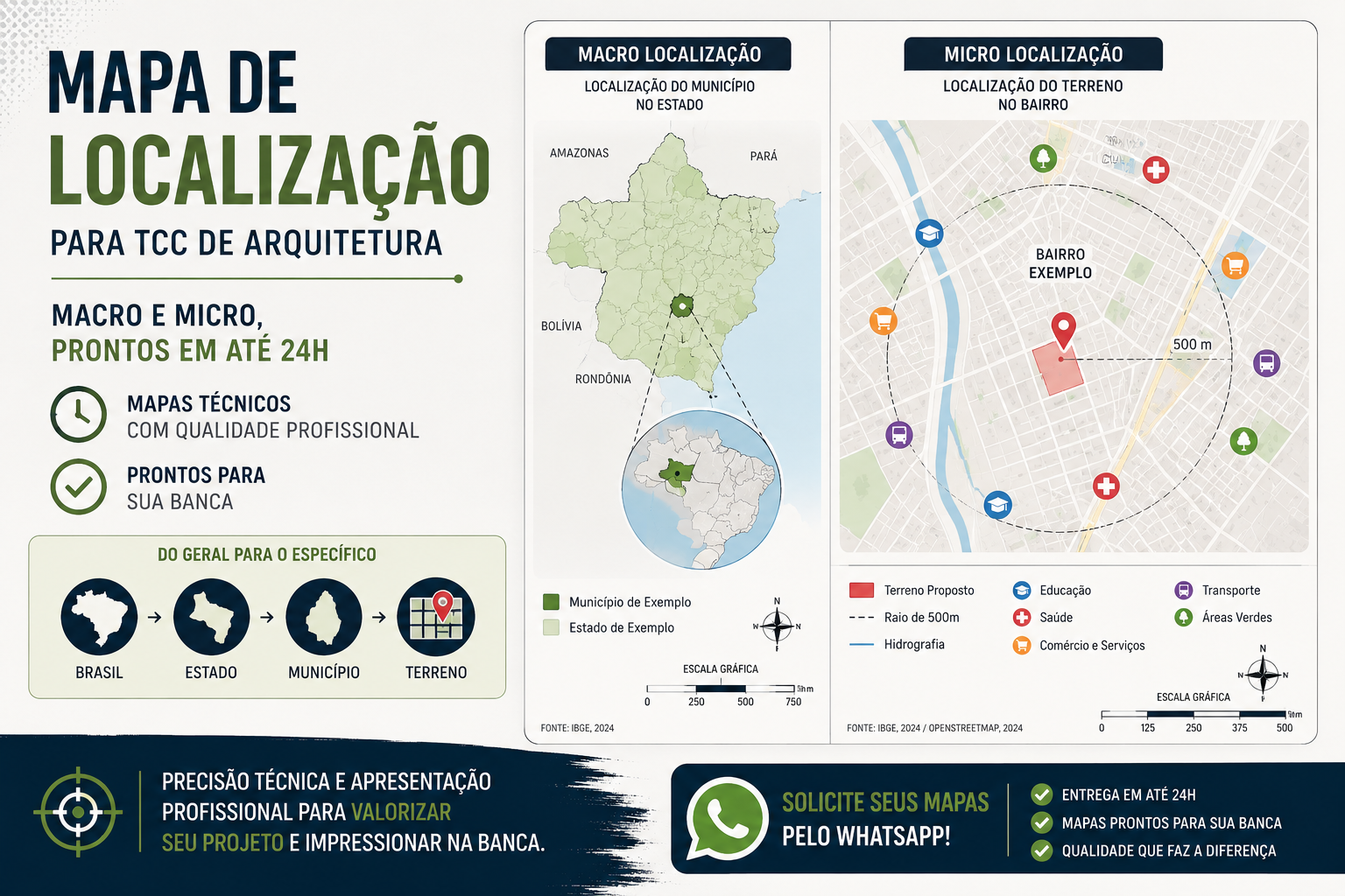 Mapa de localização para TCC de arquitetura com macro e micro localização do terreno