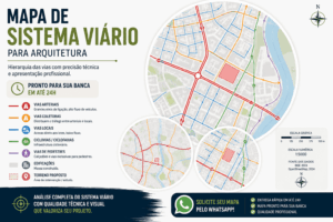 Mapa de sistema viário para arquitetura com hierarquia das vias e fluxo de tráfego