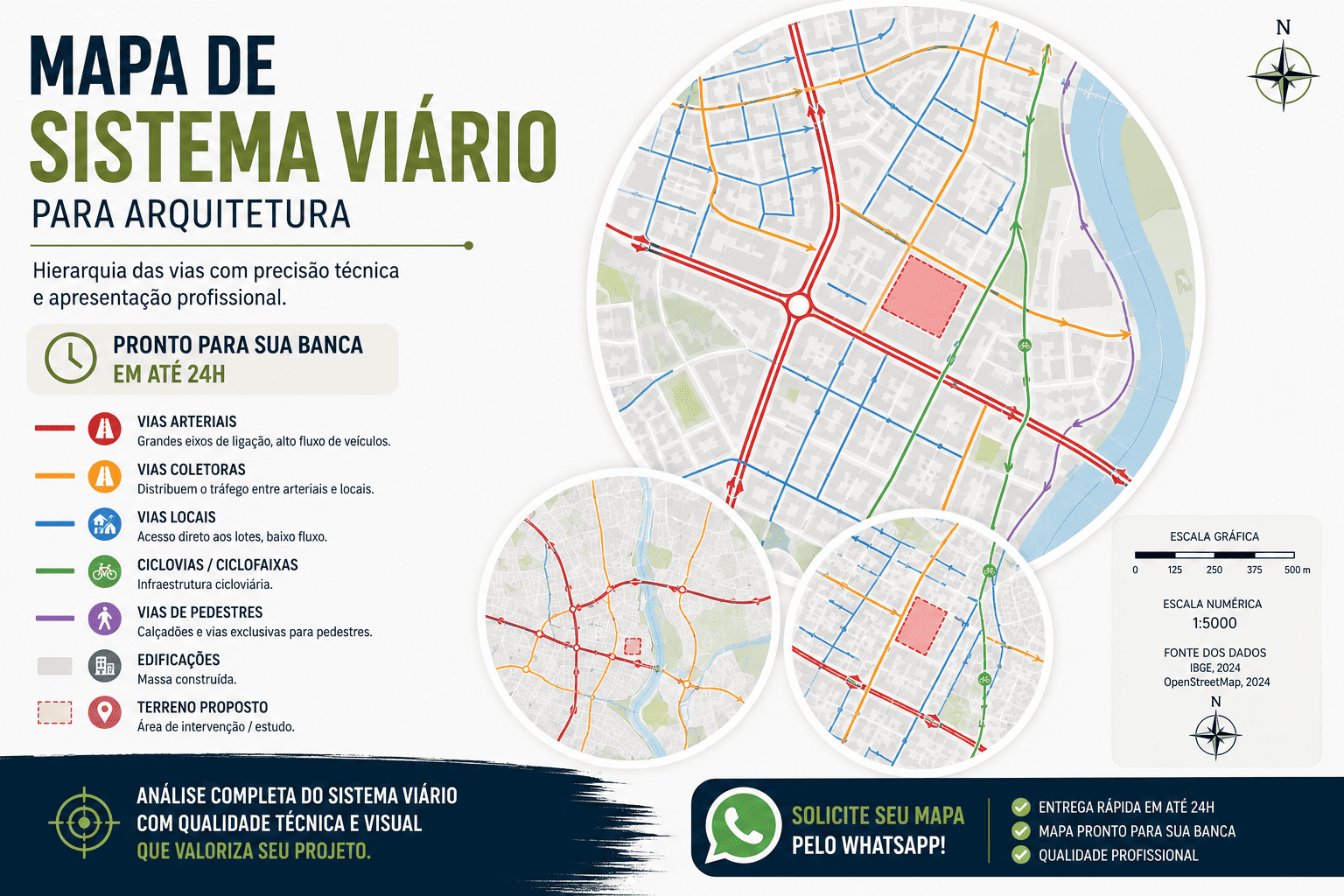 Mapa de sistema viário para arquitetura com hierarquia das vias e fluxo de tráfego