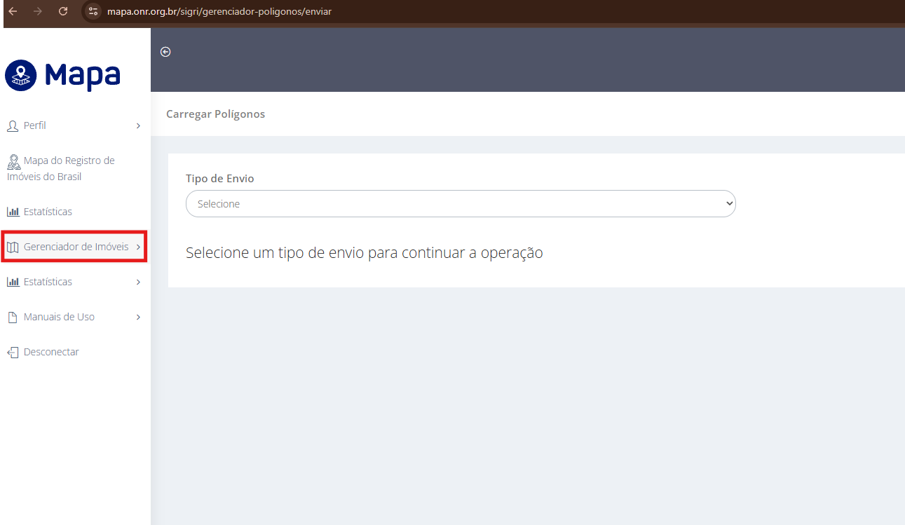 Menu Gerenciador de Imóveis no módulo de envio do ONR