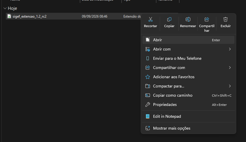 extensao SIGEF - arquivo sigef_extensao baixado com menu de contexto