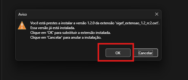 extensao SIGEF - aviso de instalacao da extensao OXT no LibreOffice