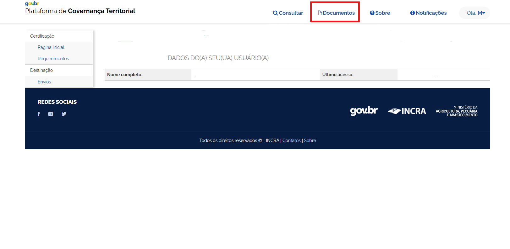 extensao SIGEF - aba Documentos no site do SIGEF INCRA
