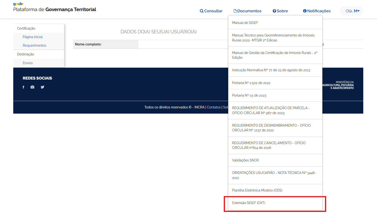 extensao SIGEF - opcao Extensao SIGEF OXT no menu Documentos