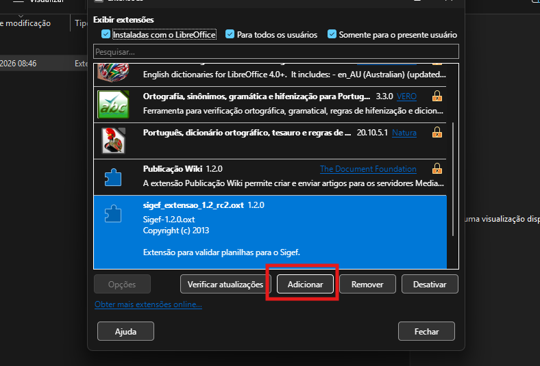 extensao SIGEF - gerenciador de extensoes do LibreOffice com SIGEF instalada
