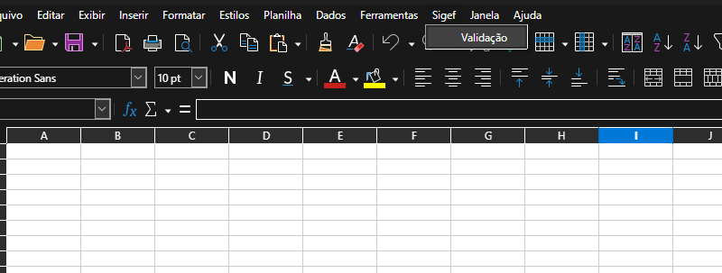 extensao SIGEF - menu Sigef com botao Validacao no LibreOffice Calc